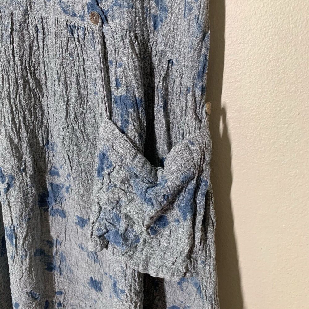 Luukaa "Fire" Midi Dress US 8 Linen Tie Dye Blue Short Sleeve V-Neck Pocket - Picture 2 of 7